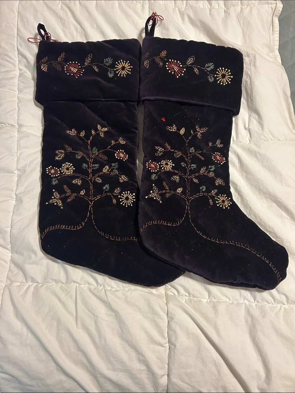 Pottery Barn two Christmas Stockings deep purple  Embroidered Velvet